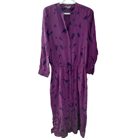 Vince Silk Roll Tab Sleeve Drawstring Waist Purple Geometric Maxi Dress Sz XS - Picture 1 of 15